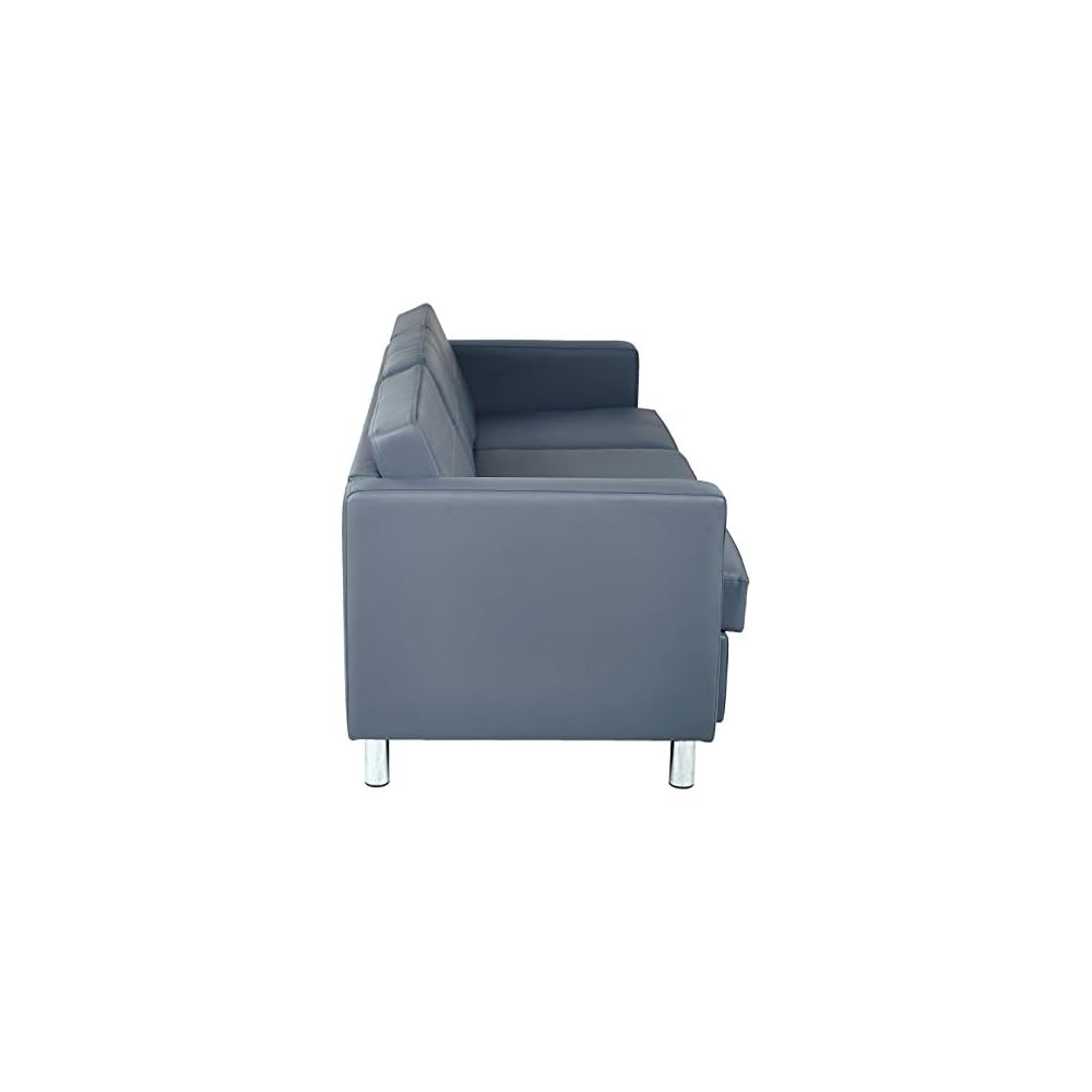 Office Star Pacific Sofa with Padded Box Spring Seats and Silver Finish Legs, Dillon Blue Faux Leather