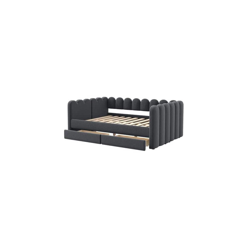 Upholstered Daybed with 2 Storage Drawers, Queen Size Sofa Bed Frame, Gray