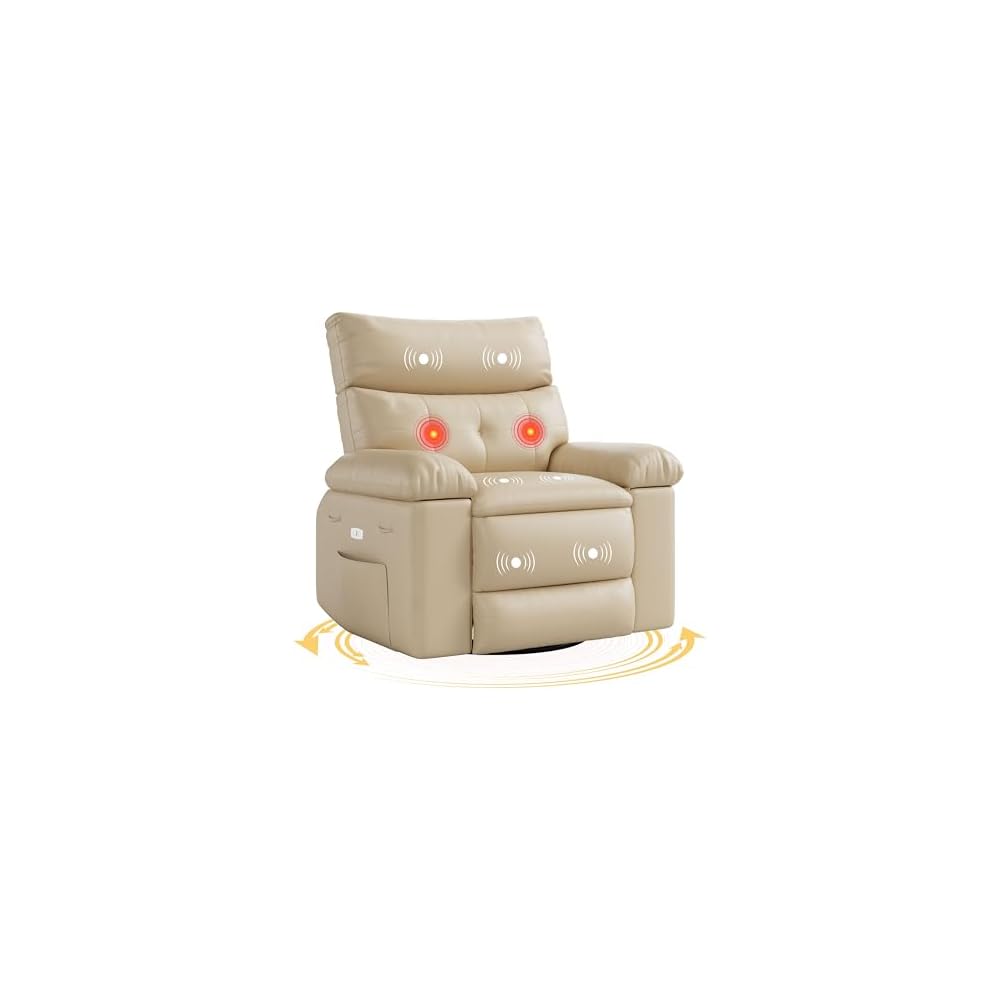 GarveeHome Electric Swivel Massage Chair, Power Rocking Recliner with Vibration and Heating, Overstuffed PU Leather Single Sofa with USB Port and Storage, Glider for Living Room Nursery