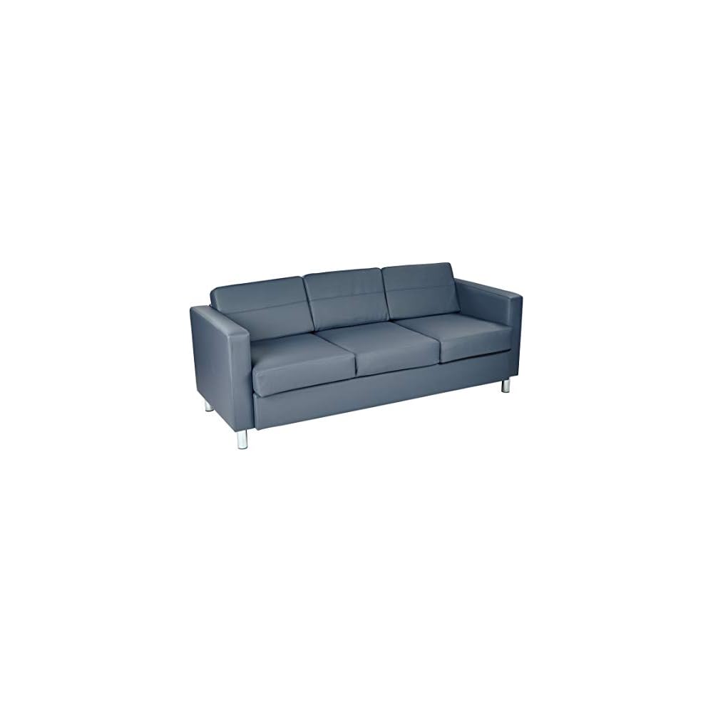 Office Star Pacific Sofa with Padded Box Spring Seats and Silver Finish Legs, Dillon Blue Faux Leather