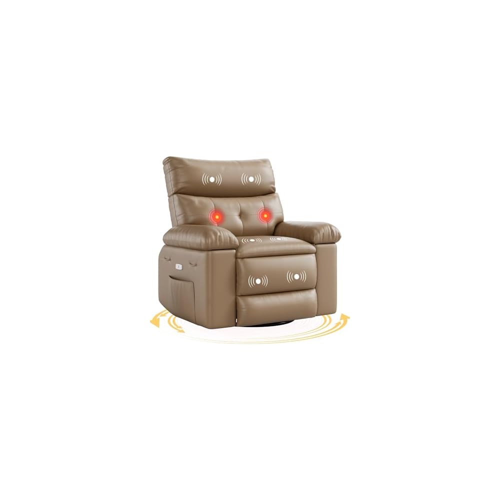 GarveeHome Electric Swivel Massage Chair, Power Rocking Recliner with Vibration and Heating, Overstuffed PU Leather Single Sofa with USB Port and Storage, Glider for Living Room Nursery