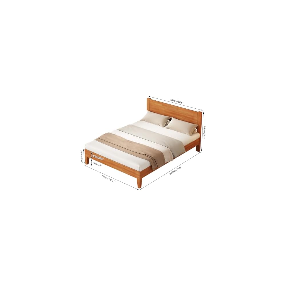 Solid Wood Queen Bed Frame with Headboard, Rubberwood Platform Bed