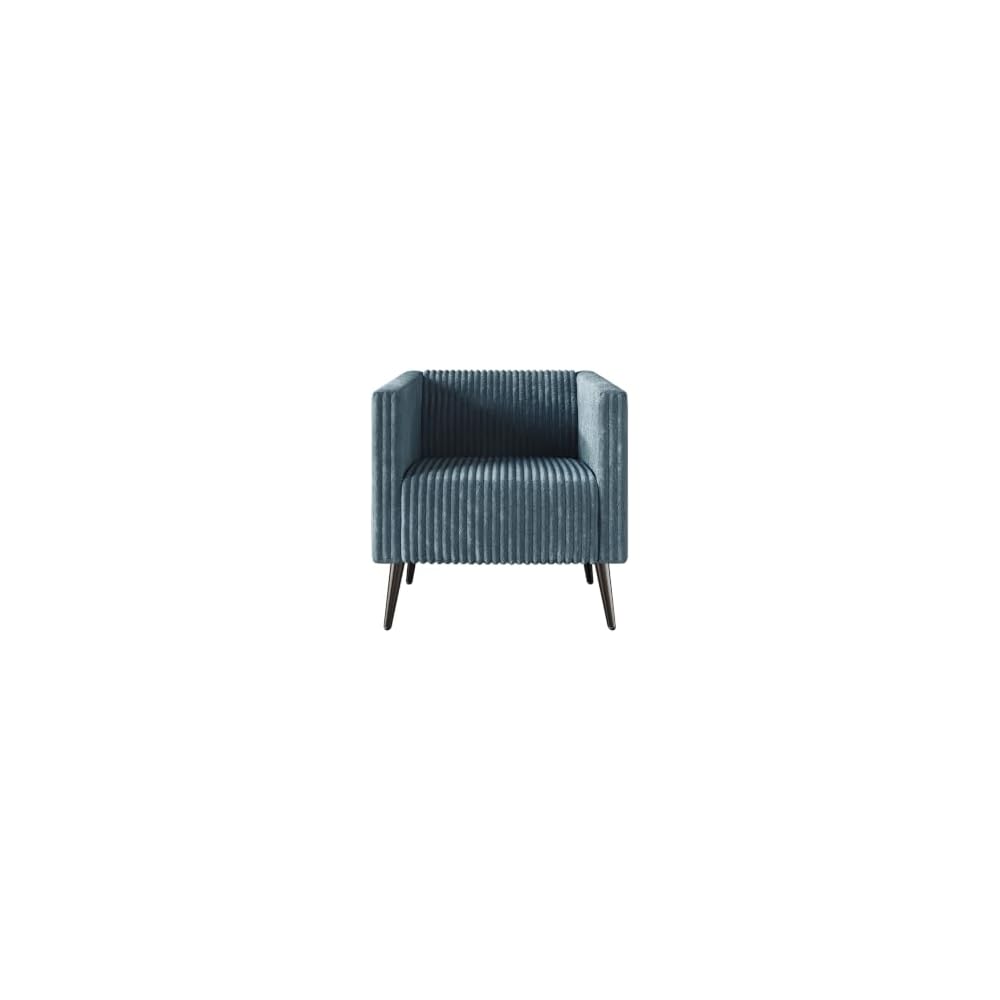 Modern Velvet Armchair with Vertical Channel Back, Padded Arms and Metal Legs, Light Blue