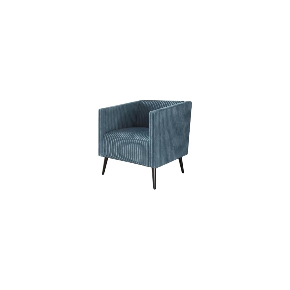Modern Velvet Armchair with Vertical Channel Back, Padded Arms and Metal Legs, Light Blue