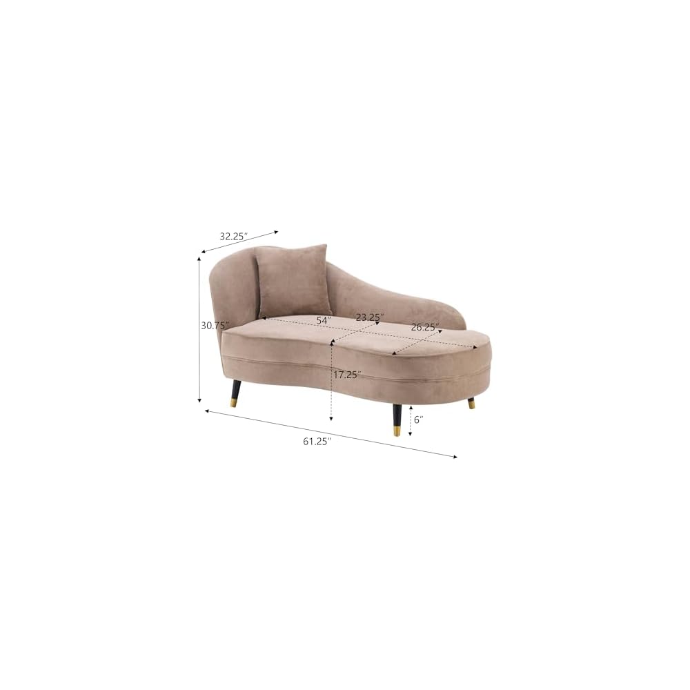 Merax 61" Velvet Curved Chaise Lounge Indoor with Pillow, Mid-Century Modern Upholstered Chaise Lounge Sofa with Left Armrest & Pillows, Wood Leg, Fainting Couch Sleeper Sofa for Living Room, Camel