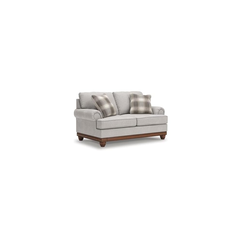 Bowery Hill Modern Polyester Loveseat, Beige Finish, 73" W x 40" D x 41" H, Solid Wood Frame, High-Resiliency Foam Cushions, Windowpane Plaid Accent Pillows, Transitional Farmhouse Living Room Seating