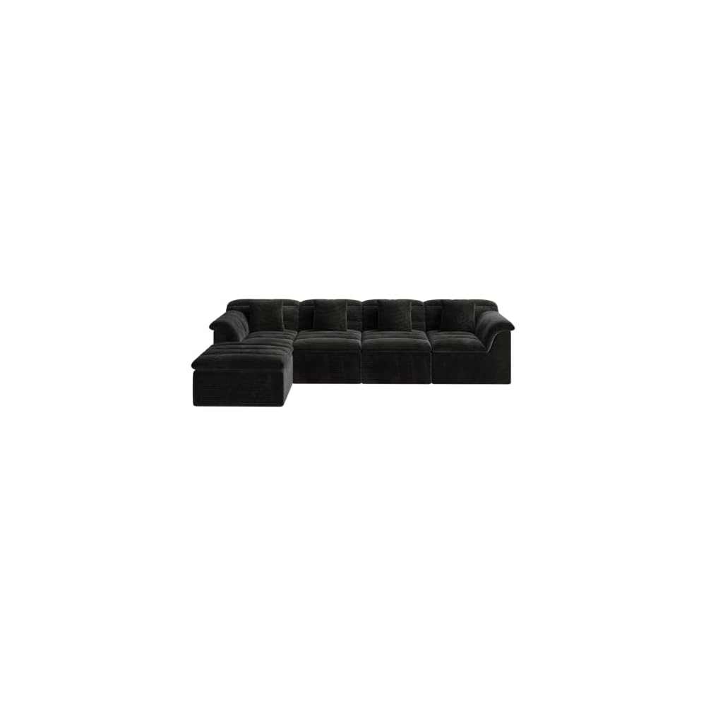 142" Modular Cloud Sectional Couch with Ottoman, Modern Upholstered Compressed Sofa with Deep Seat, Comfy L-Shape Corduroy Couches for Living Room, No Assembly Required, Black
