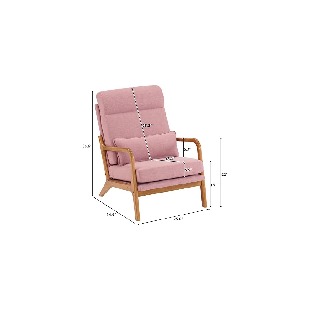 Mid Century Modern Accent Chair with High Back Waist Cushion, Upholstered Living Room Chairs for Reading, Relaxing, Entertaining, Wood Frame Armchair for Bedroom, Sunroom, Balcony (Pink)