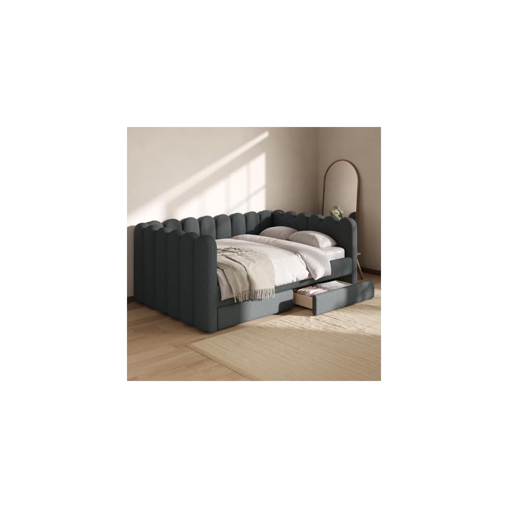 Upholstered Daybed with 2 Storage Drawers, Queen Size Sofa Bed Frame, Gray