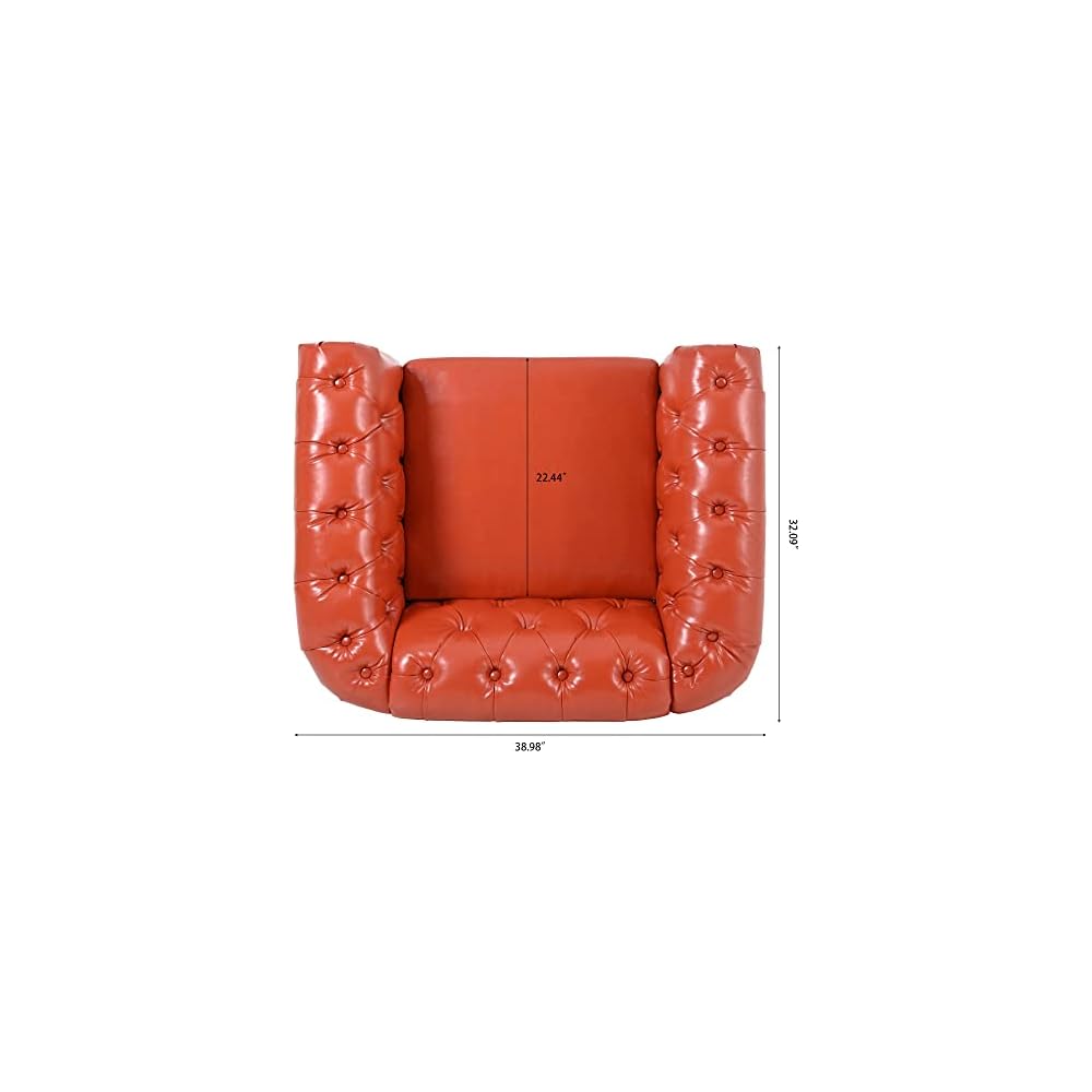 GDFStudio 39" Chesterfield Tufted Sofa Chair, Midcentury Modern 1 Seater Couch with Deep Seat Cushions, Accent Strip, Rolled Arms & Solid Wood Legs, PU Leather Accent Sofa for Living Room, Orange