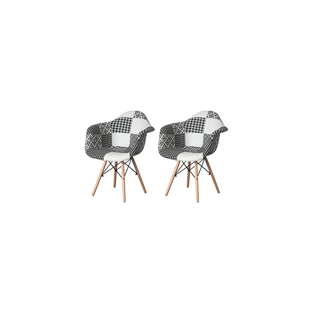 Mid-Century Modern Fabric Arm Chairs Set of 2, Barrel Accent Chairs for Living Room, Beech Wooden Legs, Black and White