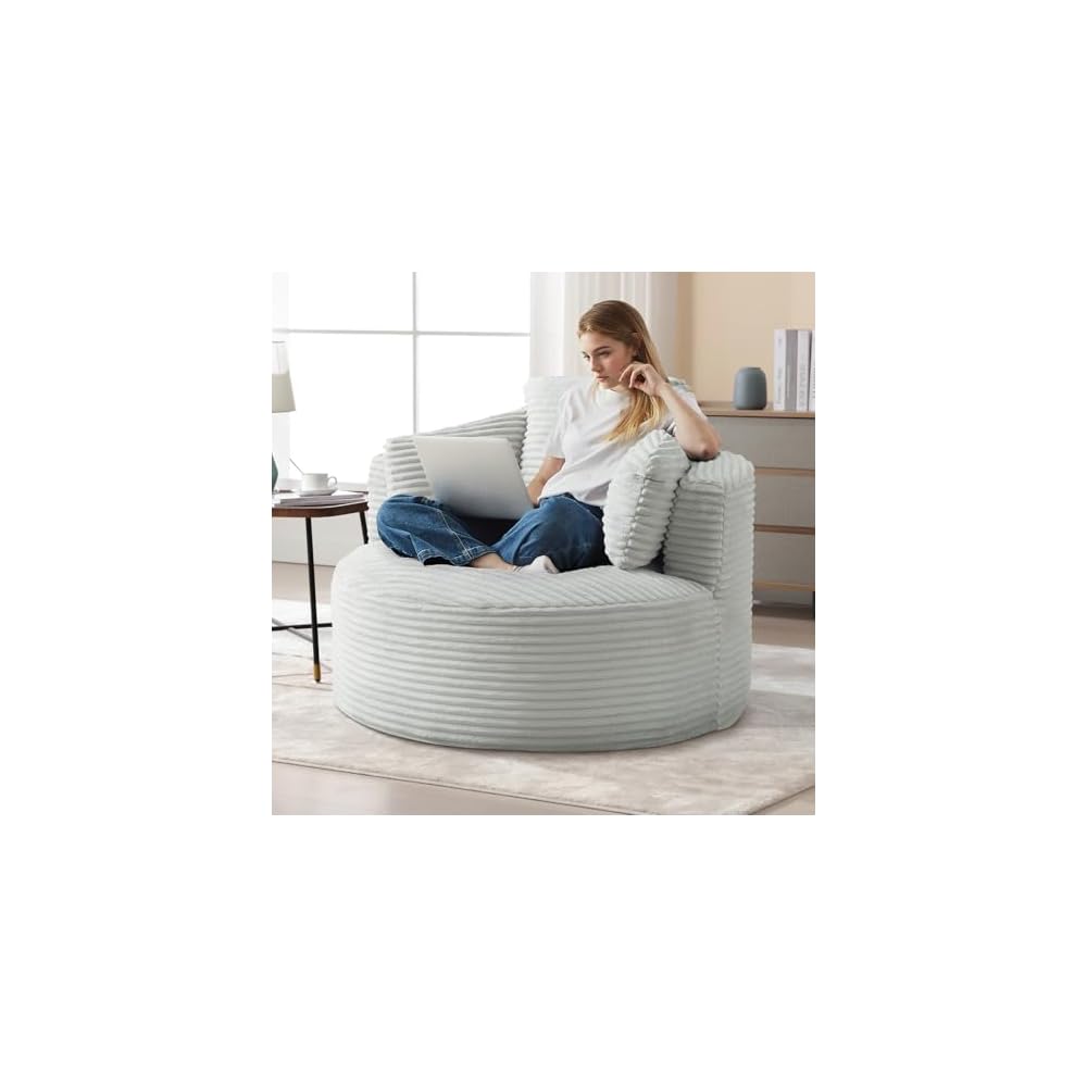48.8-inch Round Chair, Modern Accent Corduroy Comfy Deep Seat Boneless Foam Floor Single Circle Chaise Sofa Chair with 3 Pillows for Living Room Bedroom Office, No Assembly Required, Light Grey