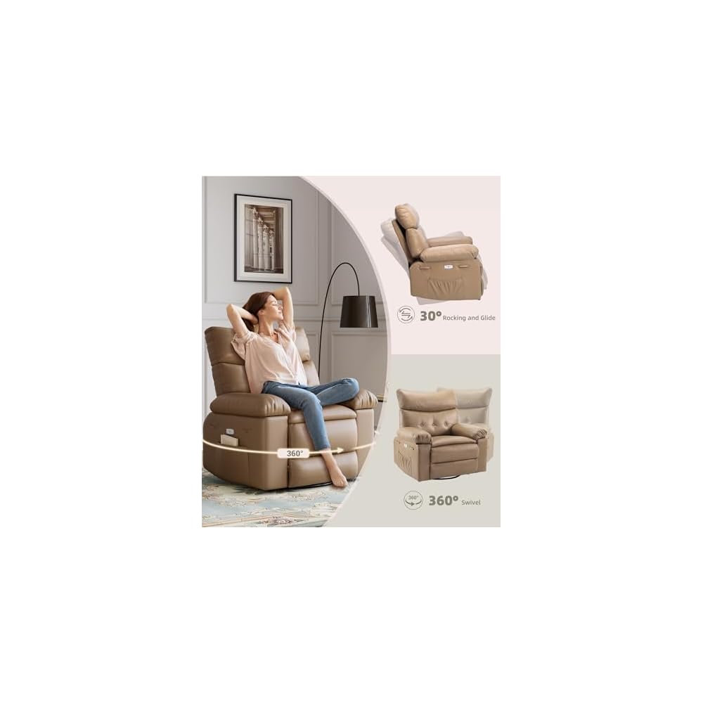 GarveeHome Electric Swivel Massage Chair, Power Rocking Recliner with Vibration and Heating, Overstuffed PU Leather Single Sofa with USB Port and Storage, Glider for Living Room Nursery