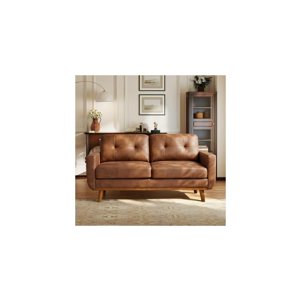 65" Small Loveseat Sofa, Mid Century Modern Love Seat Couch with Solid Wood Legs, Button Tufted Upholstered Mini Couches for Bedroom, Living Room, Office, Small Spaces, Easy to Install, Light Brown
