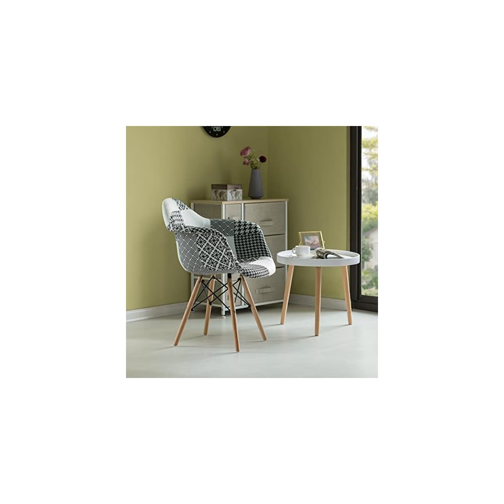 Mid-Century Modern Fabric Arm Chairs Set of 2, Barrel Accent Chairs for Living Room, Beech Wooden Legs, Black and White