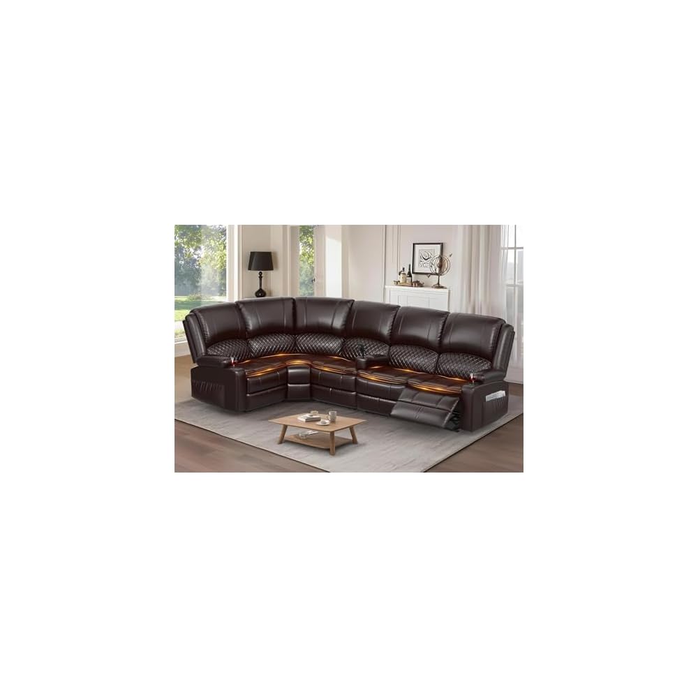 Manual Reclining Sectional Sofa Set, 5 Seats 1+1+3 Leather Reclining