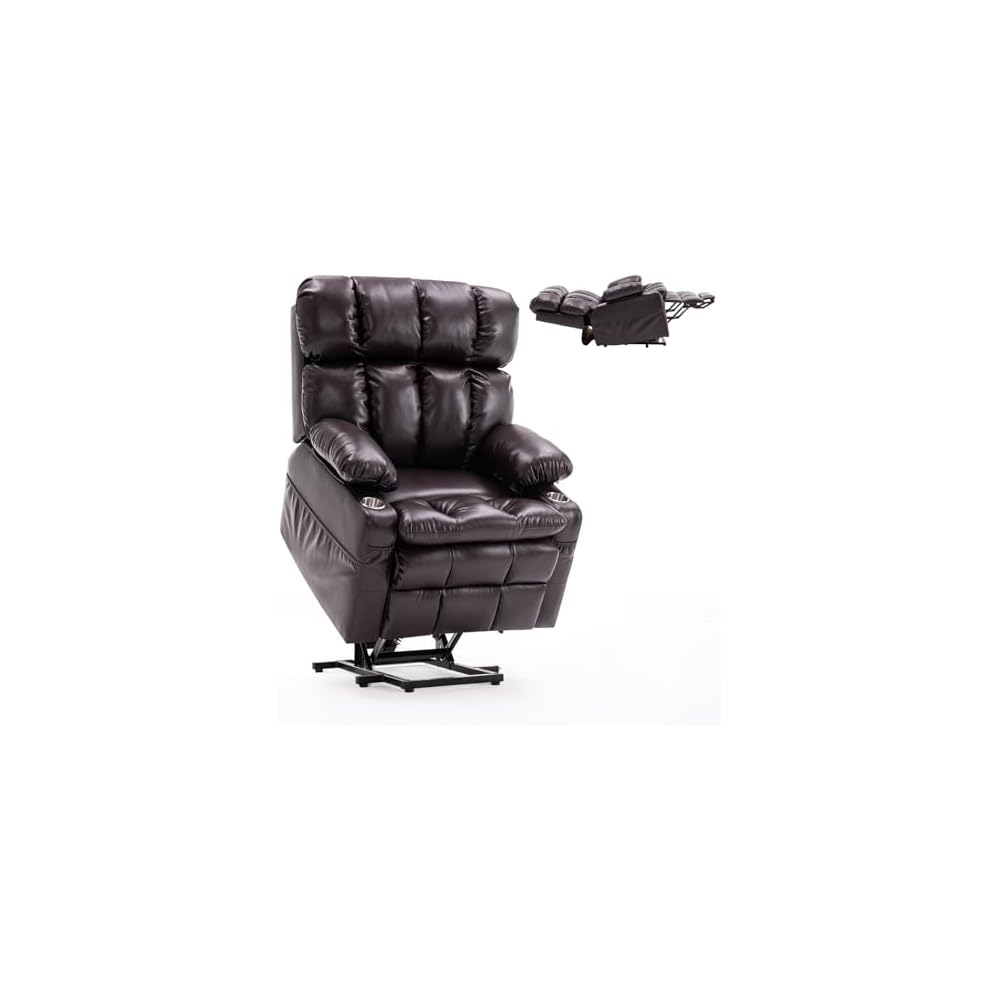 Lay Flat Recliner Lift Chair with Headrest,Infinite Positon Power Lift Recliner Chair for Elderly, Zero Gravity Leather Recliner with Extended Footrest, USB Type C, Cup Holders,Massage and Heat Brown
