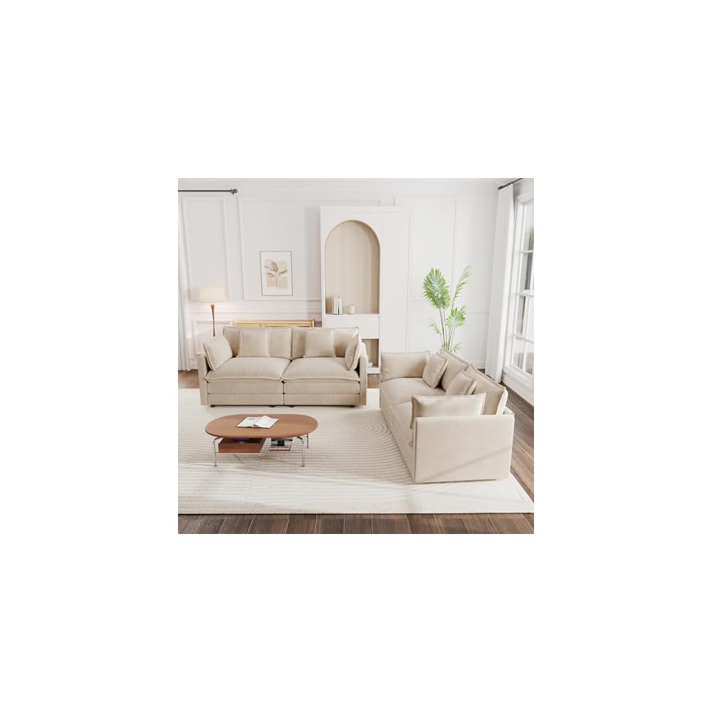 Aoowow 2 Pieces Modular Sectional Sofa Set, 2 Modern Chenille Loveseat Couch Set with Pillows, Comfy Cloud Deep Seat Couches for Living Room Apartment, Camel