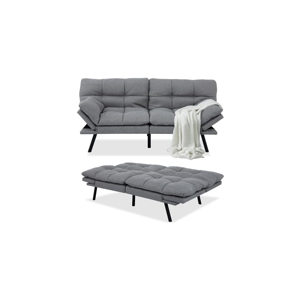 MUUEGM Futon Sofa Bed Couch - Convertible Sofa Bed, Loveseat Sleeper Sofa with Adjustable Backrest, Memory Foam Folding Futon for Living Room, Small Space, Apartment,Light Grey
