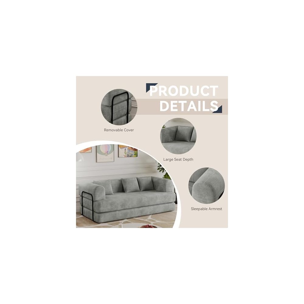 WENTMENT 80‘’Convertible Floor Sofa Bed for Living Room Boneless Couch with Deep Seat, Corduroy Pull Out Sofa Bed with 3 Pillows Bedroom, Apartment, No Assembly,Grey