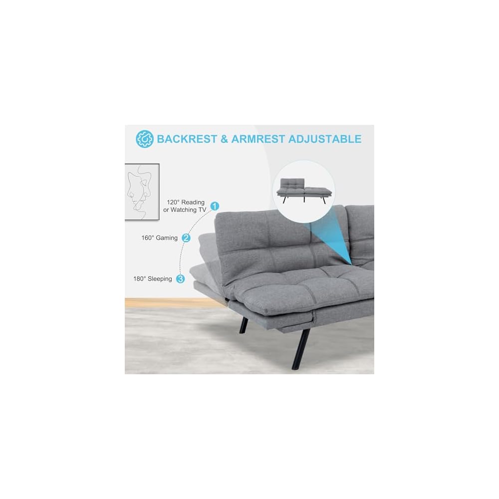 MUUEGM Futon Sofa Bed Couch - Convertible Sofa Bed, Loveseat Sleeper Sofa with Adjustable Backrest, Memory Foam Folding Futon for Living Room, Small Space, Apartment,Light Grey