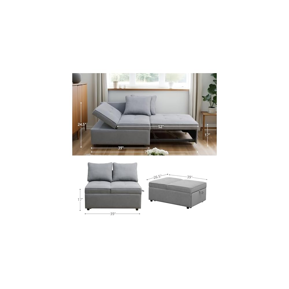 Sleeper Sofa, 4-in-1 Convertible Ottoman Couch Bed, Modern Sackcloth Futon Sofa Bed with 2 Pillows Adjustable Backrest, Recliner Folding Loveseat for Living Room, Apartment Dorm, Office,Grey
