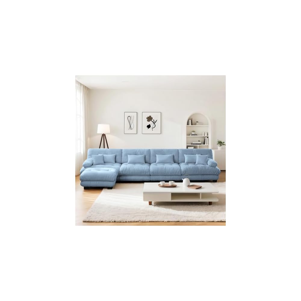 173.3" Oversized Modular Sectional Sofa 4-Seater L-Shaped Cloud Couch with 1 Ottoman and Pillows for Living Room, Home Theater, Apartment,Chenille Fabric（Sky Blue）