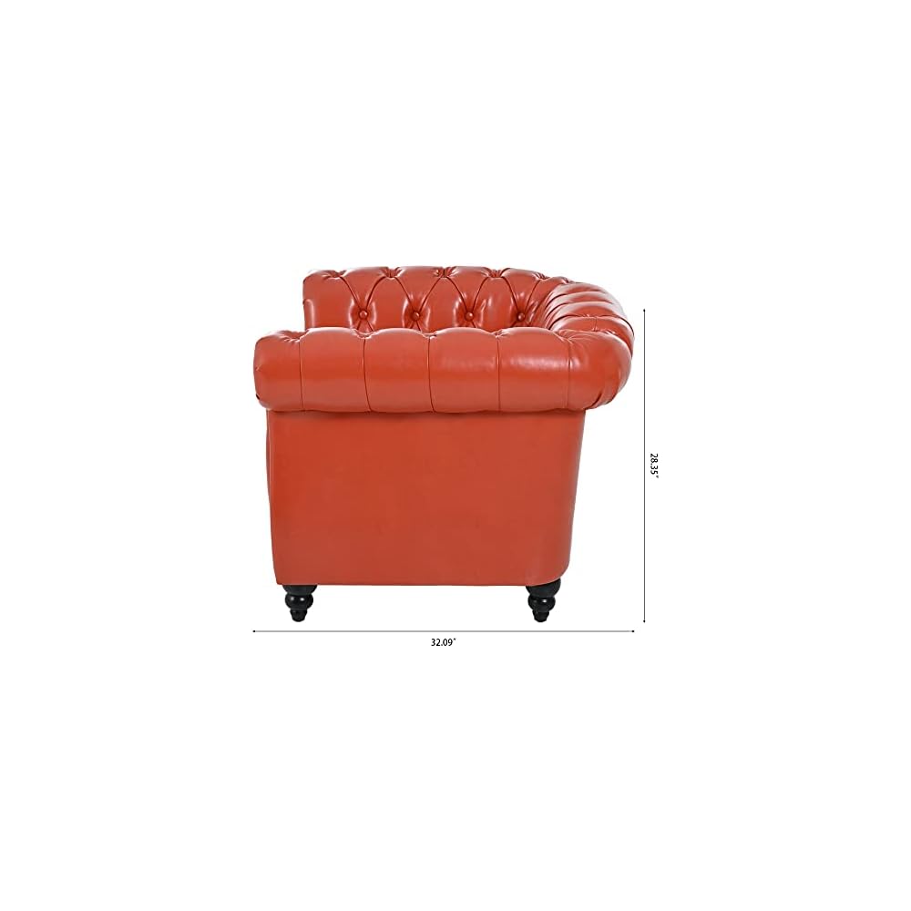 GDFStudio 39" Chesterfield Tufted Sofa Chair, Midcentury Modern 1 Seater Couch with Deep Seat Cushions, Accent Strip, Rolled Arms & Solid Wood Legs, PU Leather Accent Sofa for Living Room, Orange