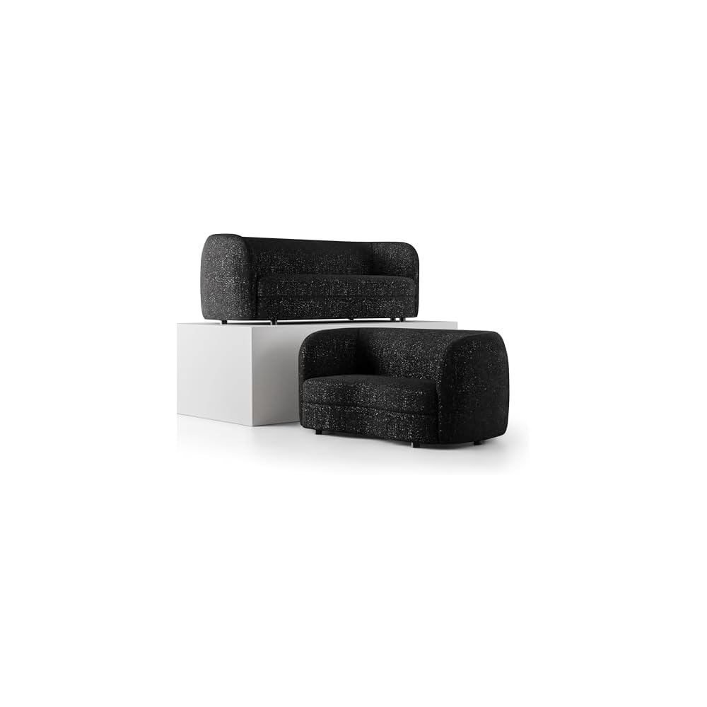 Furniture of America Nimiane Modern Boucle 2 Piece Sofa and Loveseat Set with Curved Arms and Wooden Legs, Accent Furniture Sets for Living Room, Home Office, Bedroom, Black