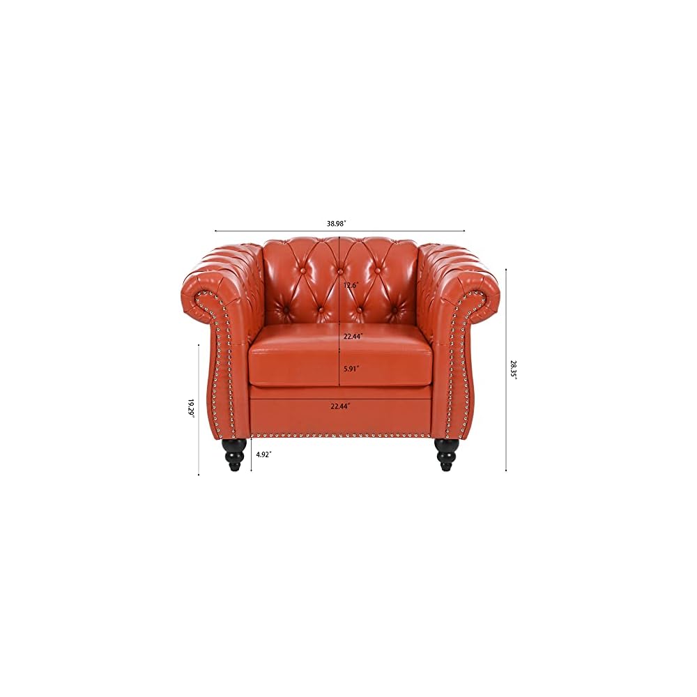 GDFStudio 39" Chesterfield Tufted Sofa Chair, Midcentury Modern 1 Seater Couch with Deep Seat Cushions, Accent Strip, Rolled Arms & Solid Wood Legs, PU Leather Accent Sofa for Living Room, Orange