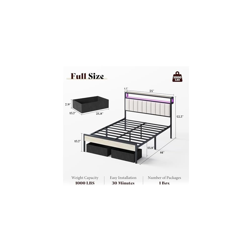 AMERLIFE Full Bed Frame with LED Lights & 2-Tier Storage Headboard
