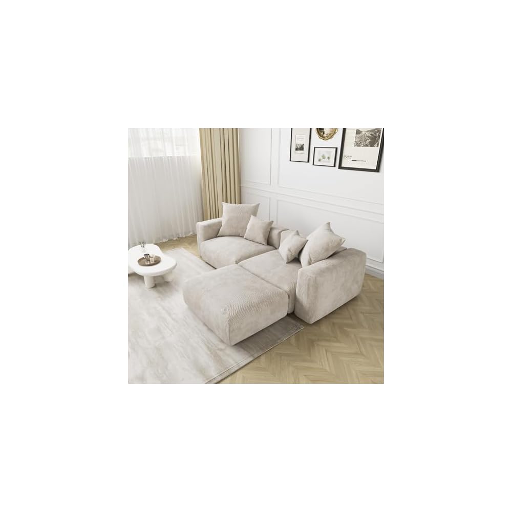 JACH Corduroy Modular Sectional Couch, Oversized Sectional Sofa with Chaise Ottoman, Cushion Covers Removable, Modern Deep 2-Seat Couches for Living Room, Office (Beige)