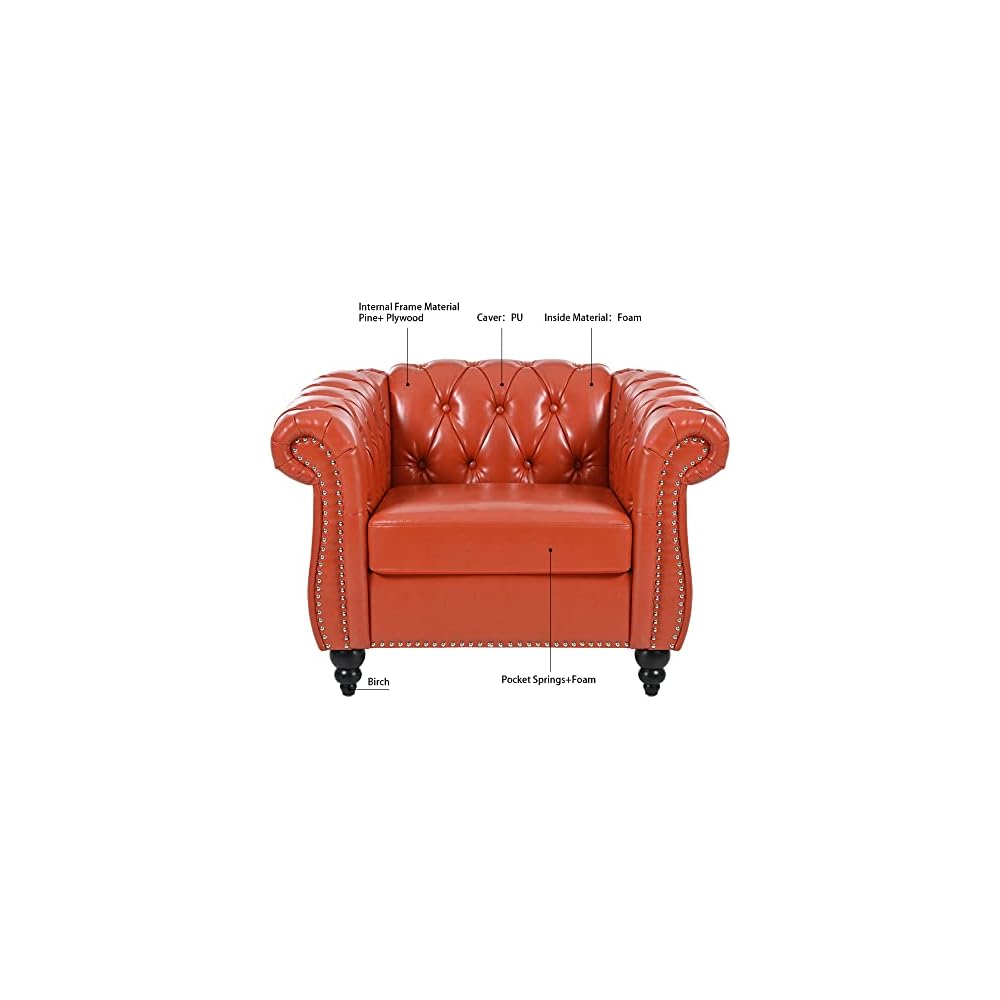 GDFStudio 39" Chesterfield Tufted Sofa Chair, Midcentury Modern 1 Seater Couch with Deep Seat Cushions, Accent Strip, Rolled Arms & Solid Wood Legs, PU Leather Accent Sofa for Living Room, Orange