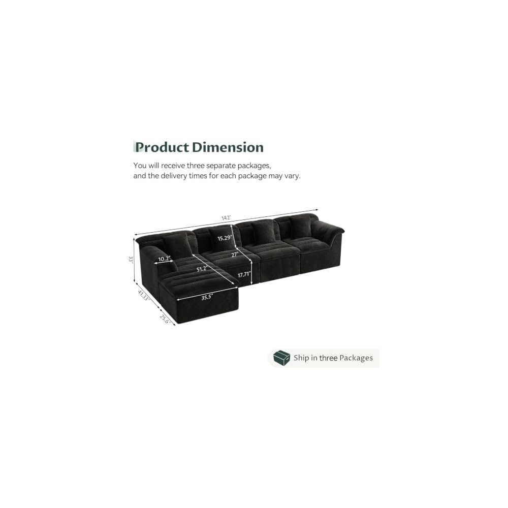 142" Modular Cloud Sectional Couch with Ottoman, Modern Upholstered Compressed Sofa with Deep Seat, Comfy L-Shape Corduroy Couches for Living Room, No Assembly Required, Black