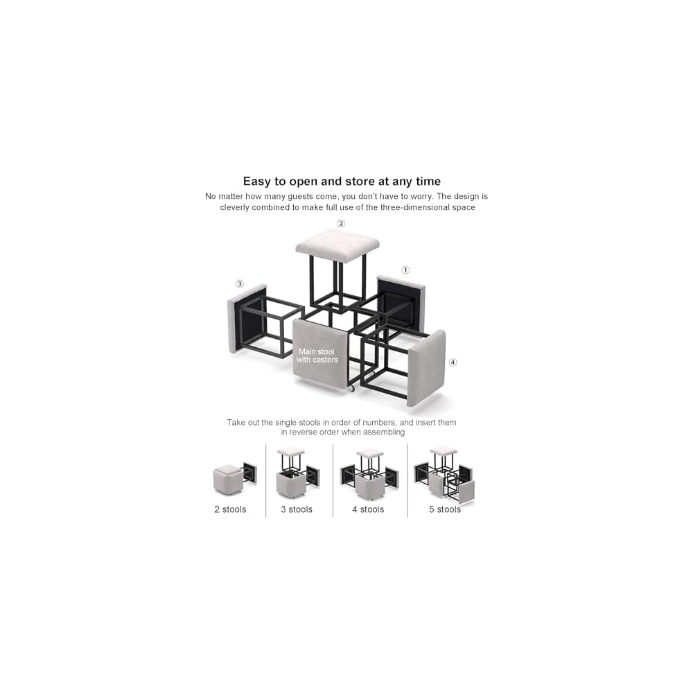 5 in 1 Leather Seating Cube with Swivel Casters Stackable Nesting Stool for Living Room Bedroom