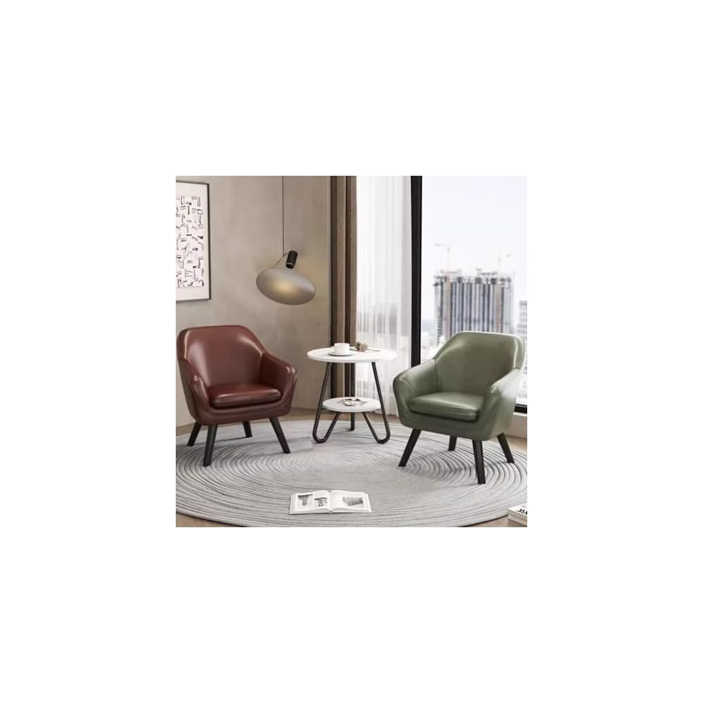 Leather Mid-Century Accent Chair Single Sofa Comfy Chairs Leisure Chair with Armrests and Wood Legs,Guest Reception Chair for Office,Side Armchairs(Khaki)