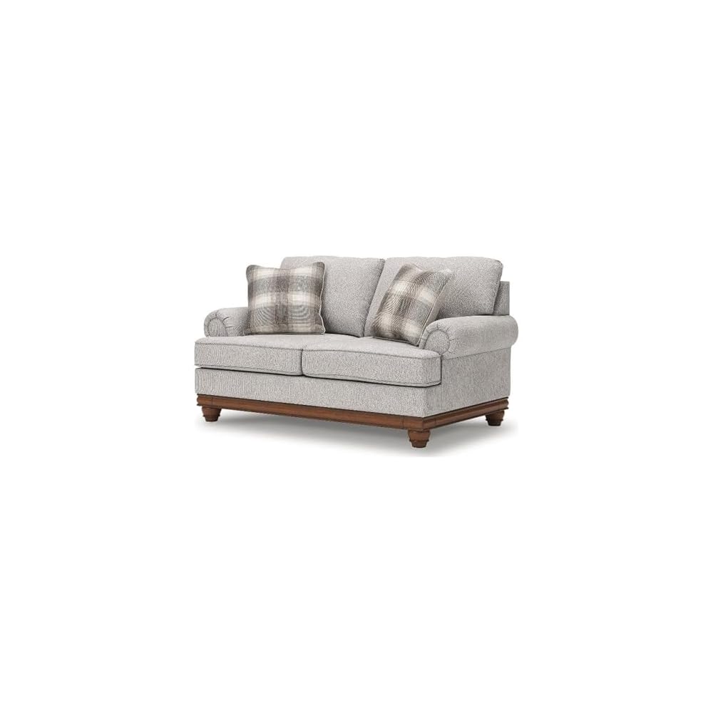 Bowery Hill Modern Polyester Loveseat, Beige Finish, 73" W x 40" D x 41" H, Solid Wood Frame, High-Resiliency Foam Cushions, Windowpane Plaid Accent Pillows, Transitional Farmhouse Living Room Seating