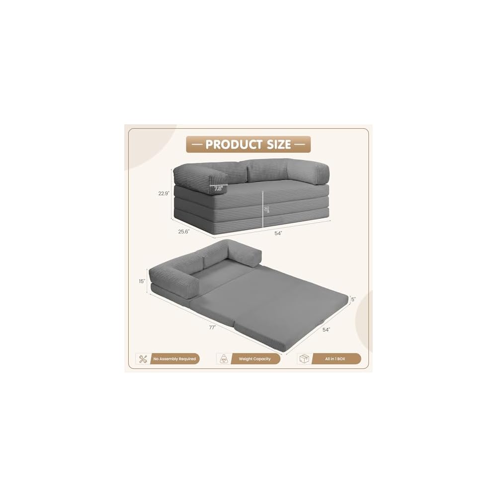 5-in-1 Convertible Sofa Bed,54" Boneless Couch Tri Folding Floor Mattress with Removable L-Shaped Armrests & Handle,Corduroy Futon Couch Sleeper with Pull Out Bed for Living Room Bedroom Apartment