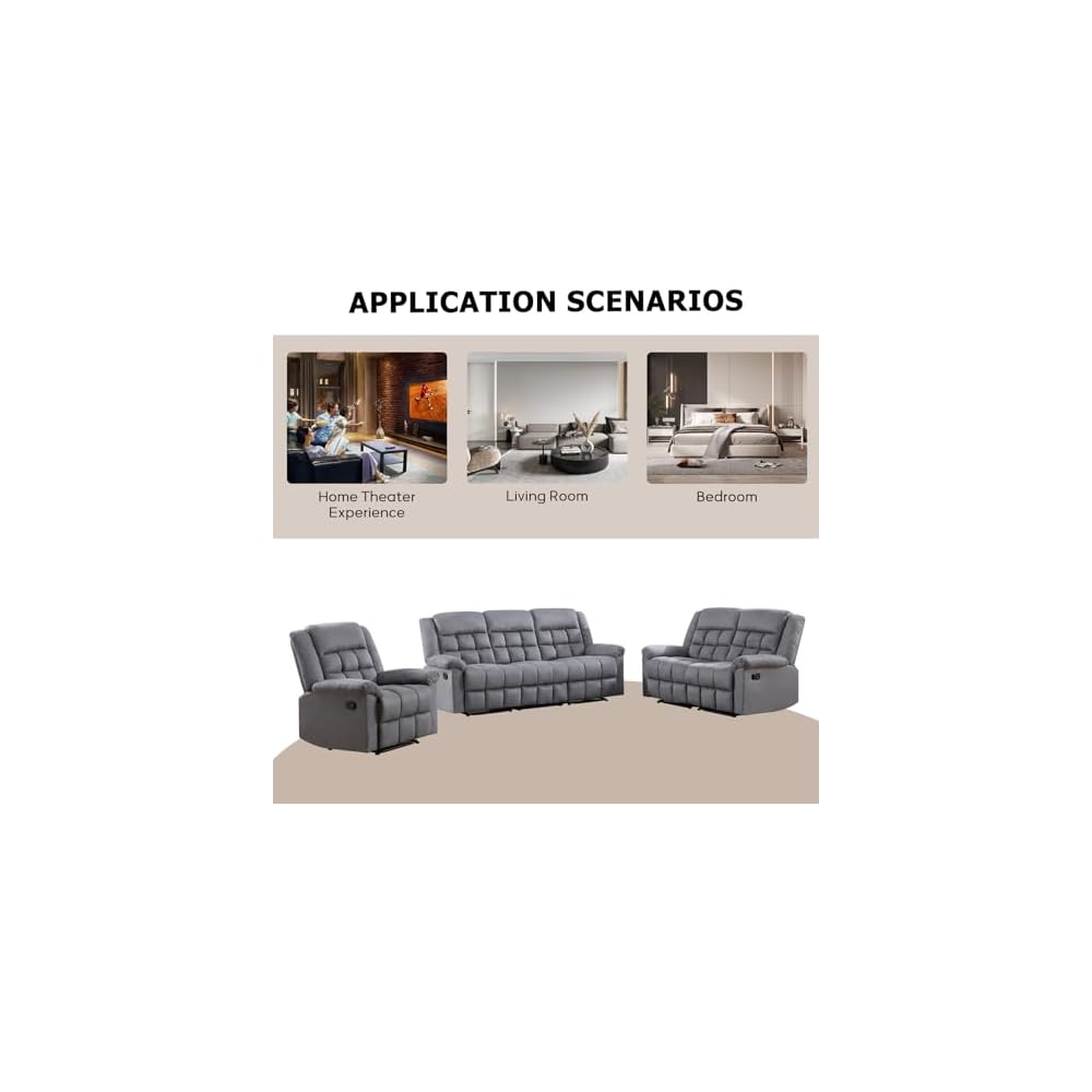 EBELLO Manual 3 Seater Reclining Sofa for Living Room, Soft Fabric Recliner Couch with Padded Headrest and Seat, Reclining Couch for Office, Grey(3-seat Sofa)