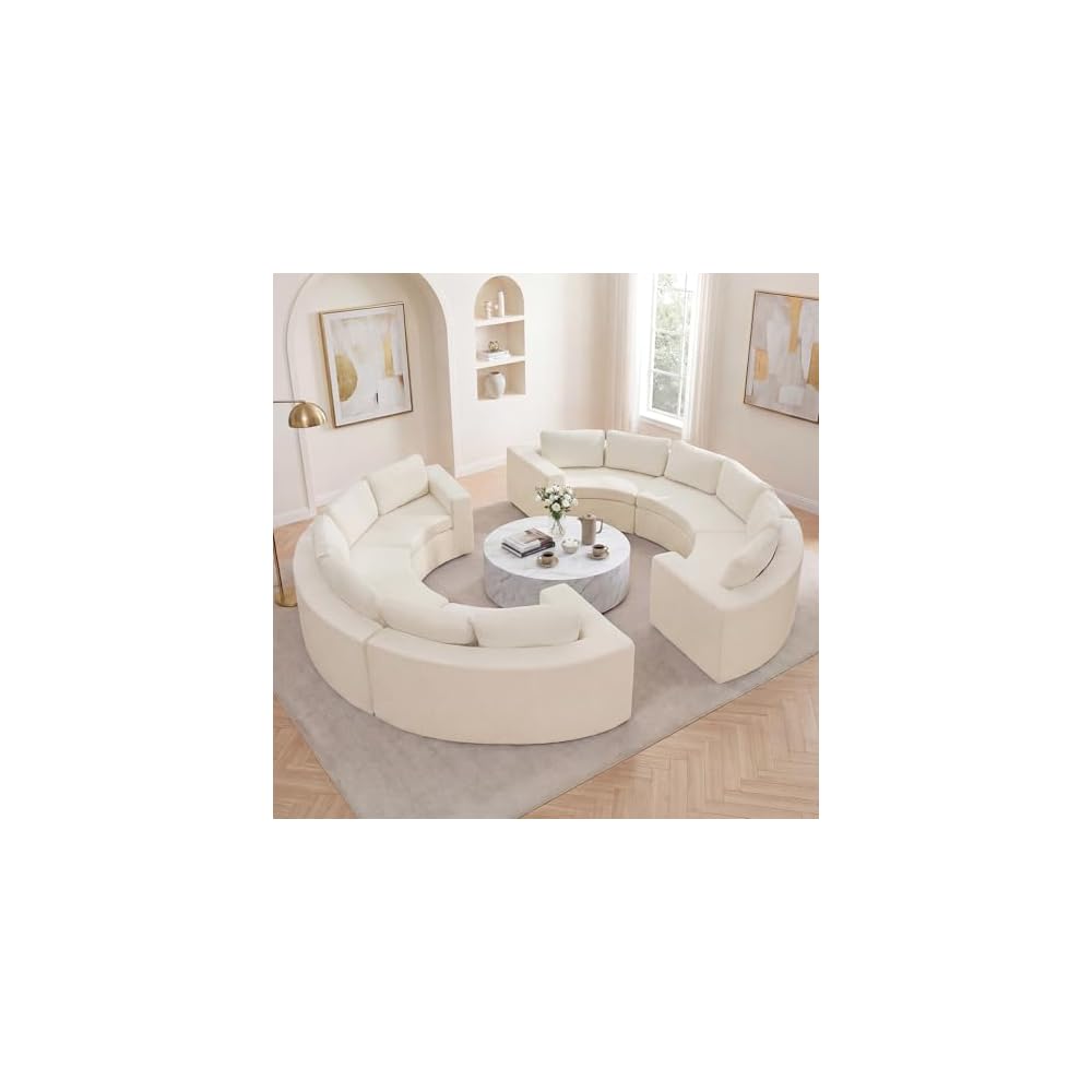 Oversized Half Moon Couch Sets with Deep Seat, Curved Boneless Couches for Living Room, 12 Seater Modular Sectional Sofa with Pillows, Chenille Memory Foam Sofa, No Assembly, White