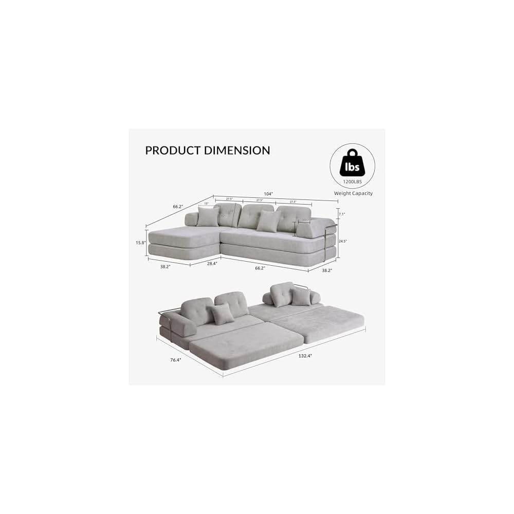 Boneless Sectional Couch with Chaise, Convertible L-Shape Floor Sleeper with High Headrest, Modular Sofa Bed for Living Room Apartment, No Assembly,Chenille Beige