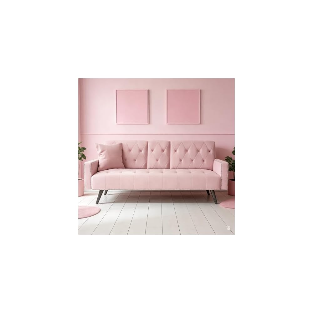 72" Pink Velvet Futon Sofa Bed - 2 Cup Holders