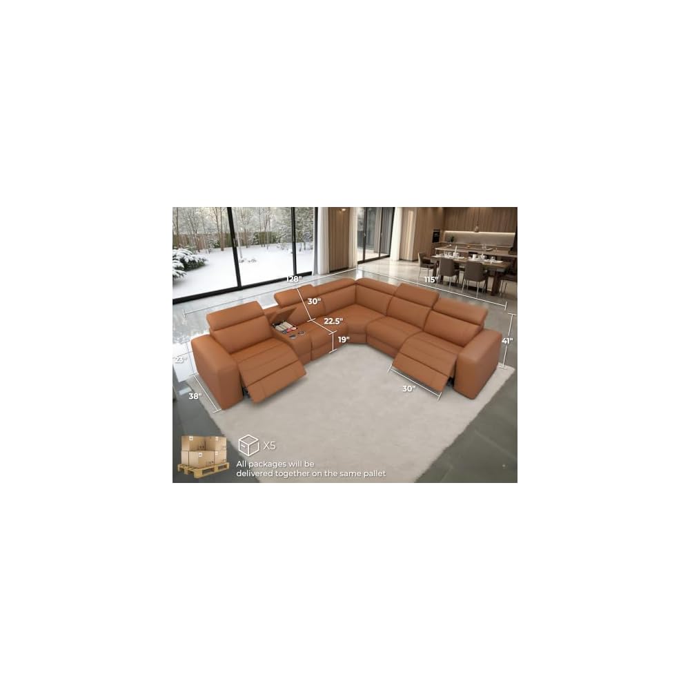 Jocisland 128 inch Power Reclining Sofa, Electric Recliner Sofa with Console & Dual Recliners, Oversized Sectional Couch for Living Room, Brown Leathaire