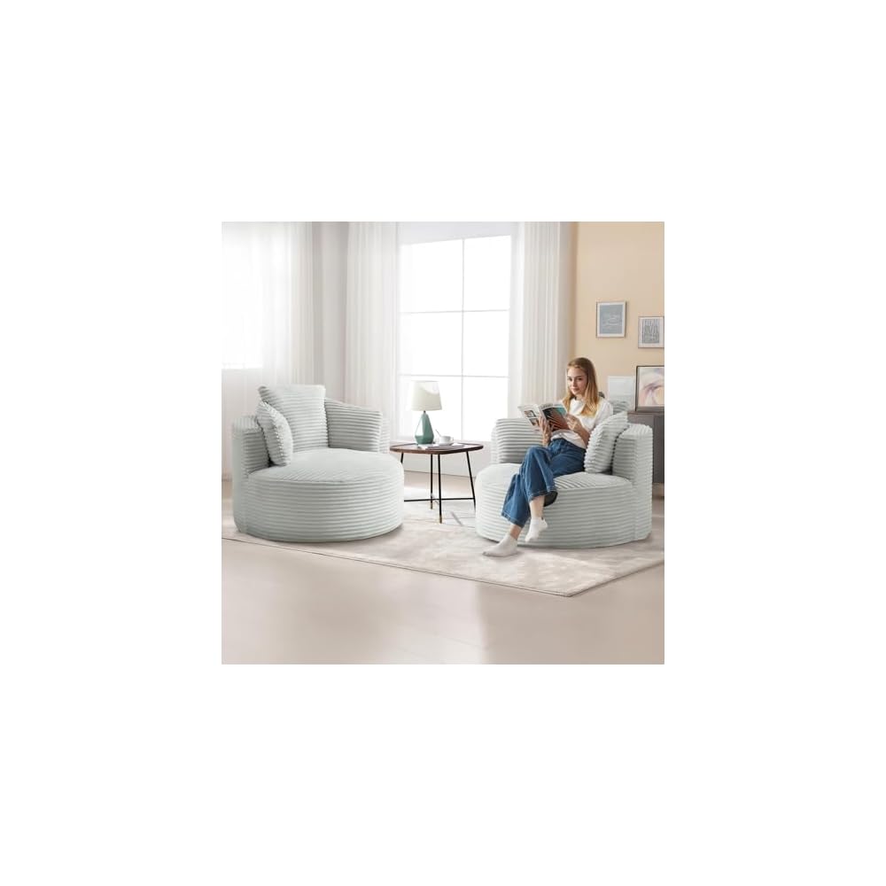 48.8-inch Round Chair, Modern Accent Corduroy Comfy Deep Seat Boneless Foam Floor Single Circle Chaise Sofa Chair with 3 Pillows for Living Room Bedroom Office, No Assembly Required, Light Grey