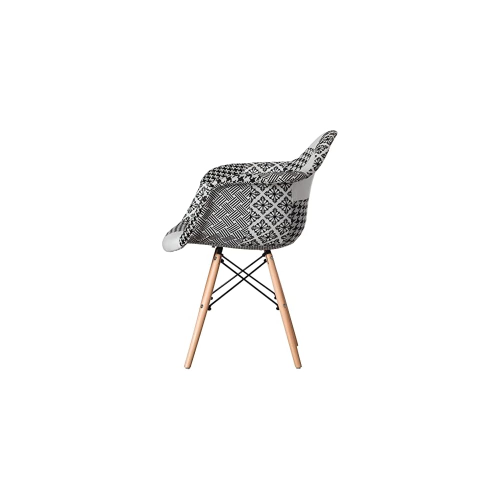 Mid-Century Modern Fabric Arm Chairs Set of 2, Barrel Accent Chairs for Living Room, Beech Wooden Legs, Black and White