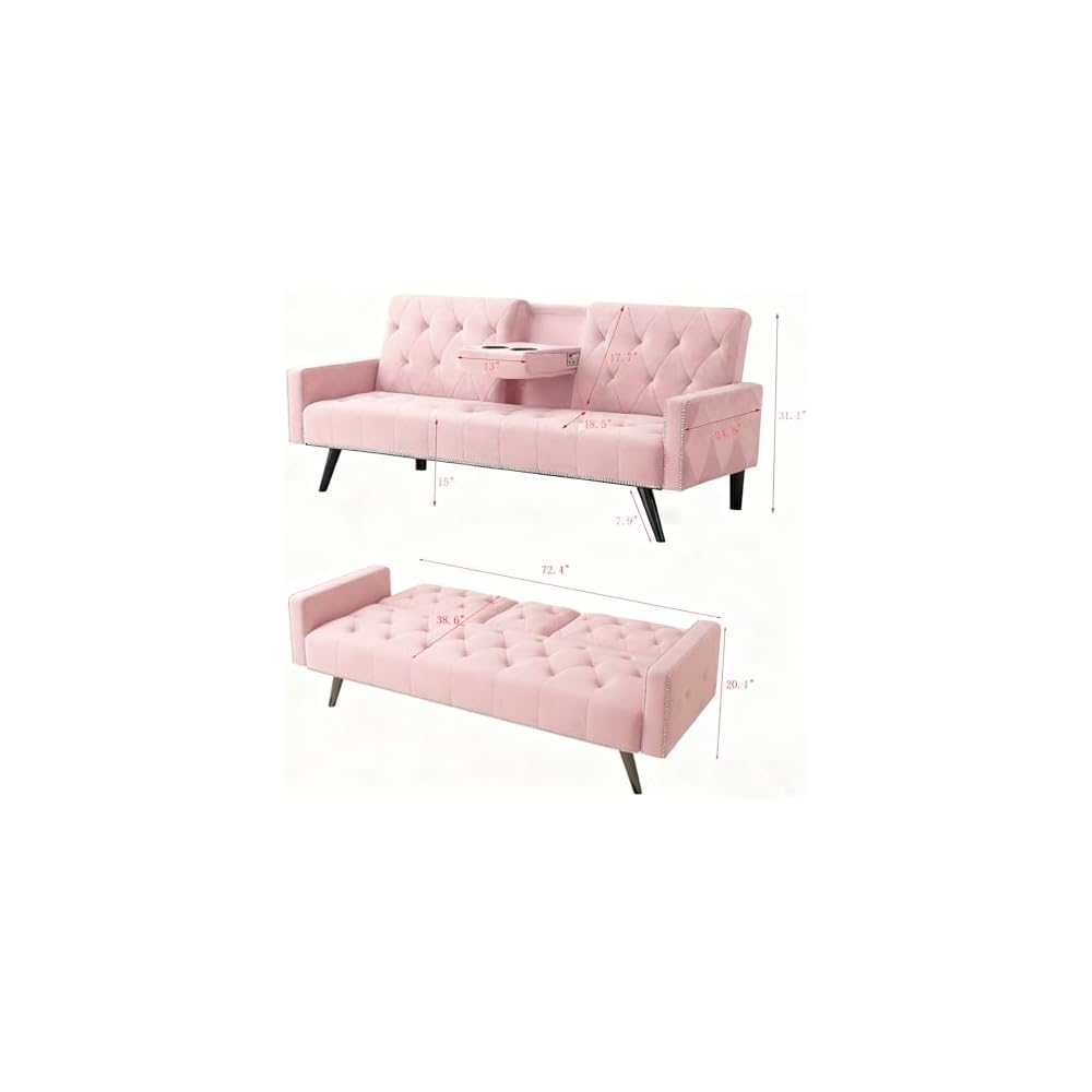 72" Pink Velvet Futon Sofa Bed - 2 Cup Holders