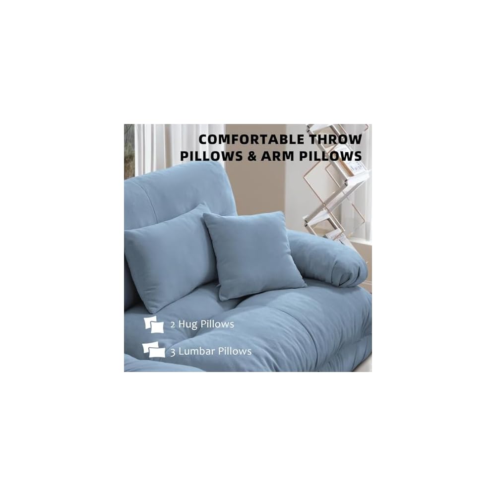 173.3" Oversized Modular Sectional Sofa 4-Seater L-Shaped Cloud Couch with 1 Ottoman and Pillows for Living Room, Home Theater, Apartment,Chenille Fabric（Sky Blue）