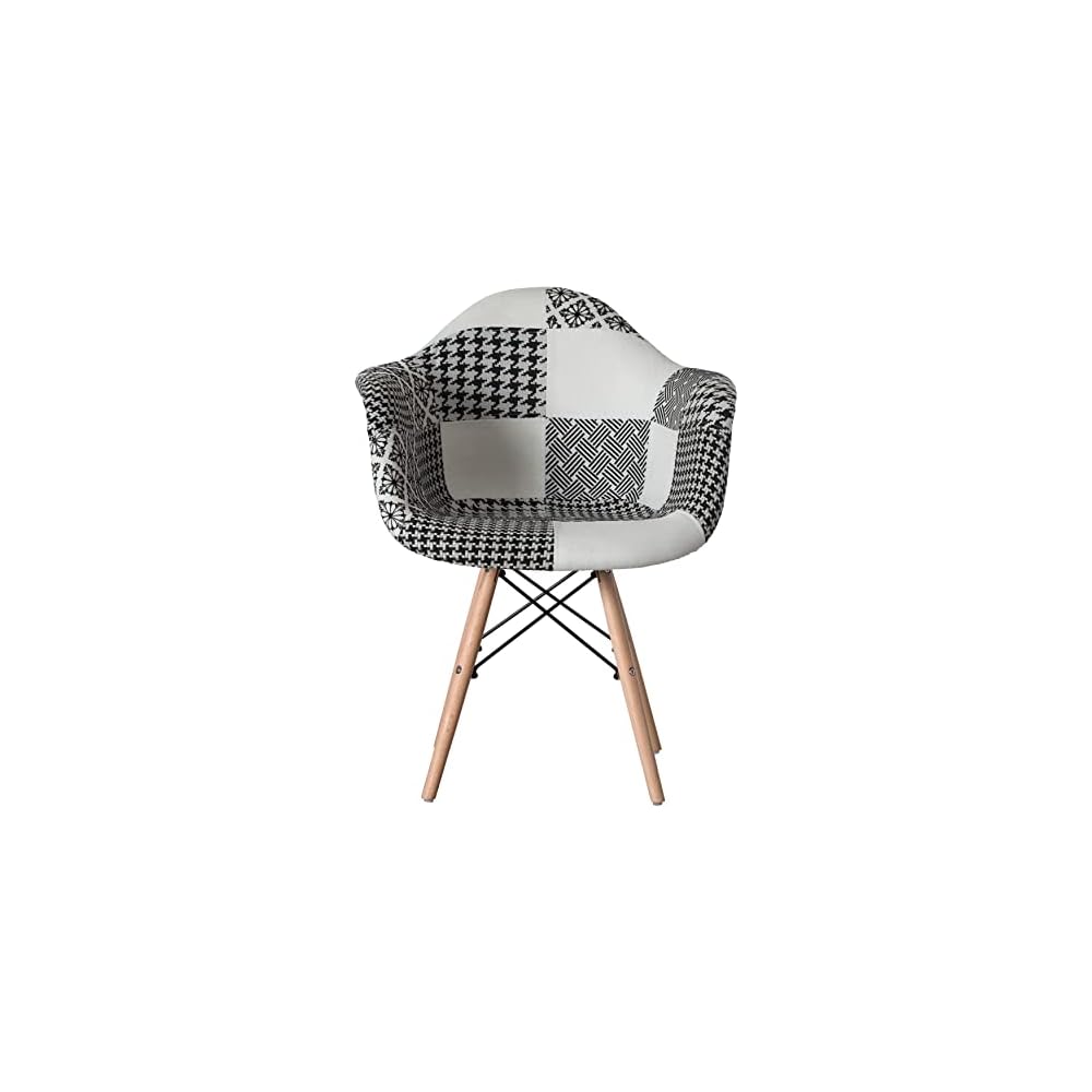 Mid-Century Modern Fabric Arm Chairs Set of 2, Barrel Accent Chairs for Living Room, Beech Wooden Legs, Black and White