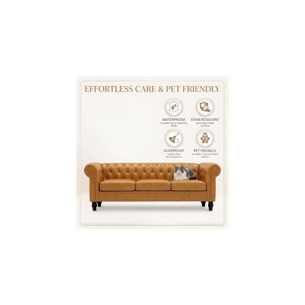 Modern Chesterfield Button-Tufted Couch, 88" Light Brown PU Leather 3 Seater Sofa, Home Luxury Upholstered Sofa Deep Seat Couch for Living Room Apartment Home Office