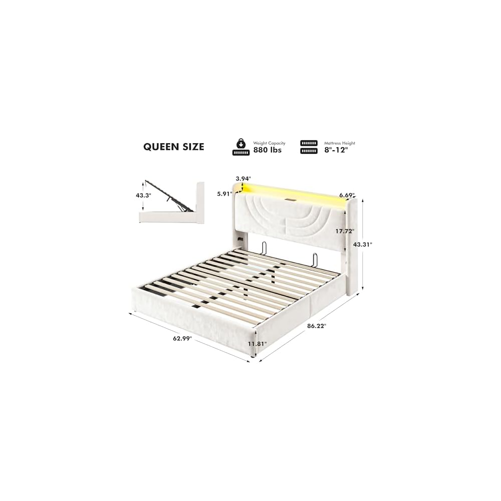 Homkdom Queen Velvet Lift Up Storage Bed Frame with Charging & LED, Beige